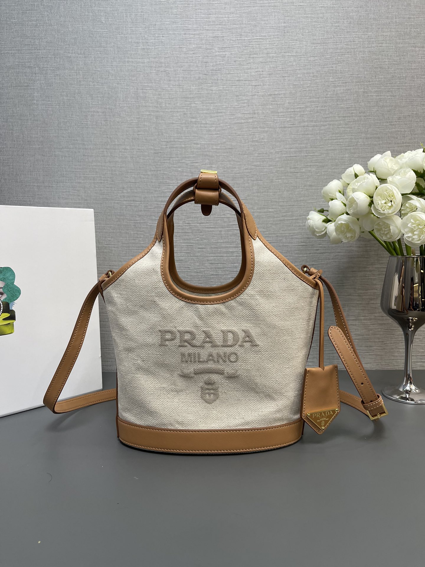 Prada Linen Blend And Leather Mini Buckle Bag Natural 1BE074